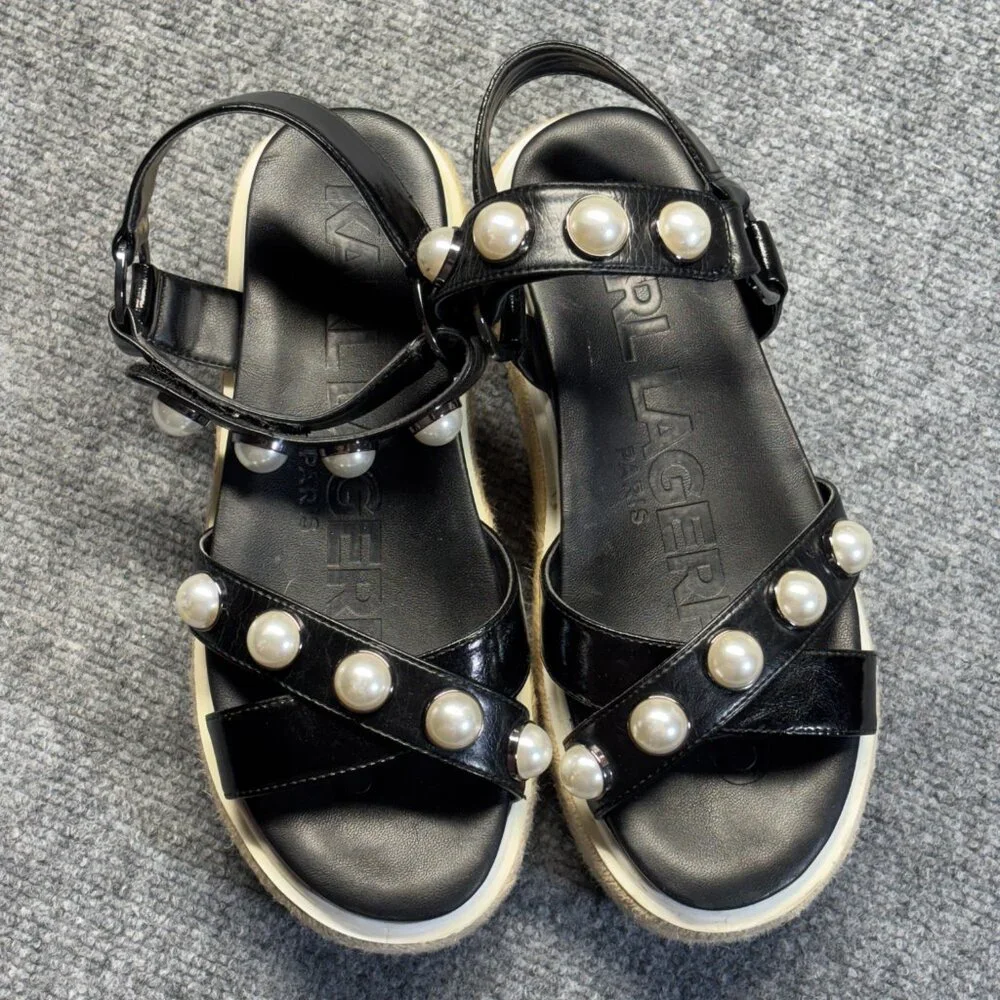 Karl Lagerfeld Womens Black Platform Espadrille Sandals Pearl Ankle Strap 7M